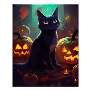 Poster Chat Halloween Tuxedo Avec Peur Citrouille