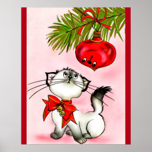 Poster Chat Kitty En Jeu Dans Une Bow De Noël Rouge