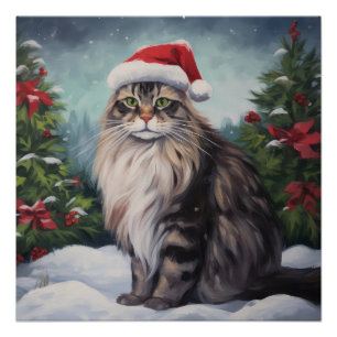 Poster Chat Maine Coon à Noël de neige