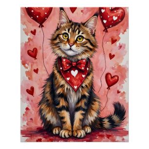 Poster Chat Maine Coon Saint-Valentin Assis avec des Cœur