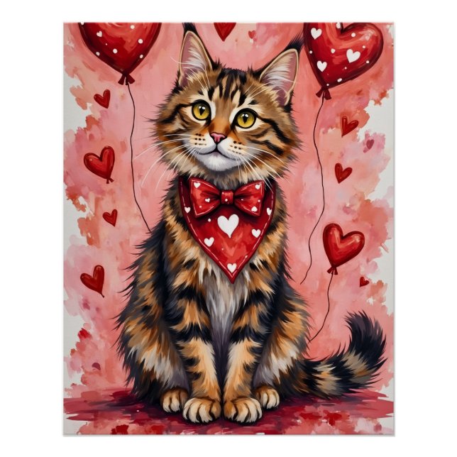 Poster Chat Maine Coon Saint-Valentin Assis avec des Cœur (Devant)