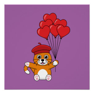 Poster Chat mignon avec Ballons de Coeur Rouge