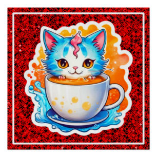 Poster Chat Mignon Avec Tasse À Café Dessin Animé-94678