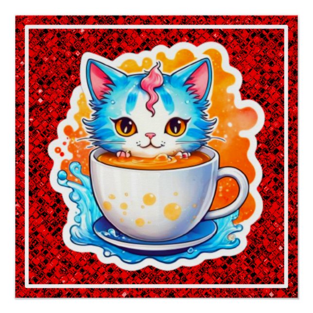 Poster Chat Mignon Avec Tasse À Café Dessin Animé-94678 (Devant)