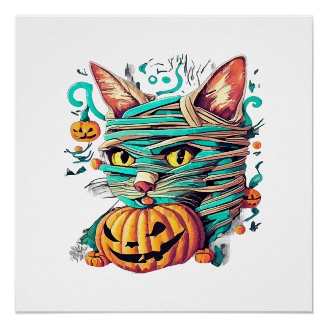 Poster Chat momie drôle Halloween (Devant)