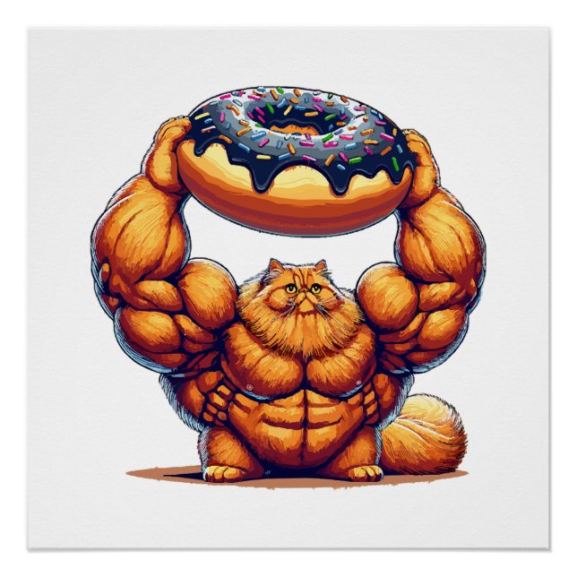 Poster Chat Musclé Soulevant un Beignet (Devant)