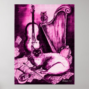 Poster CHAT MUSICAL ,Rose Violet et Blanc
