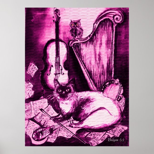 Poster CHAT MUSICAL ,Rose Violet et Blanc (Devant)