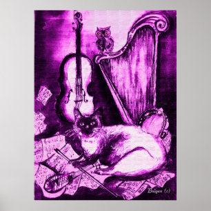 Poster CHAT MUSICAL ,Violet et Blanc
