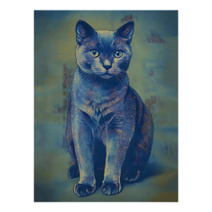 Poster Chat Mystique Russe Bleu