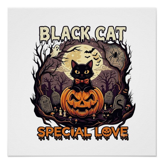 Poster Chat Noir Amour Spécial Halloween Citrouille Plein (Devant)