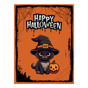 Poster Chat noir avec Citrouille Jack-o'-lantern Hallowee