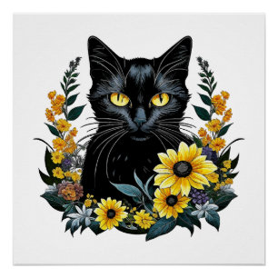 Poster chat noir avec des fleurs
