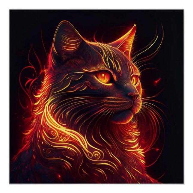 Poster Chat noir avec feu rouge et or Aura brillant (Devant)