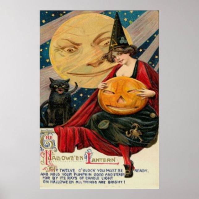 Poster Chat noir citrouille Jack-o'-lantern Witch (Devant)