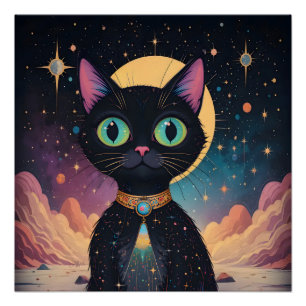 Poster Chat noir cosmique futuriste atomique au clair de