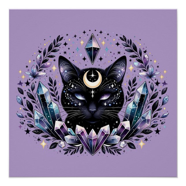 Poster Chat Noir Cristal Ésotérique Fantastique (Devant)