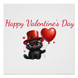Poster Chat Noir Drôle Avec Ballons Saint-Valentin