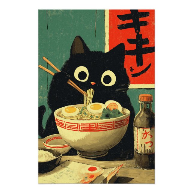 Poster Chat noir drôle mangeant du Ramen (Devant)