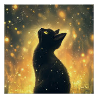 Chat noir enchanté avec des lucioles