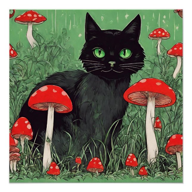 Poster Chat noir et champignons rouges sauvages Nature (Devant)