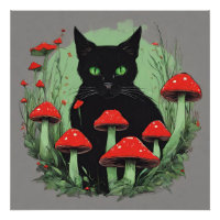Chat noir et champignons sauvages de la forêt roug
