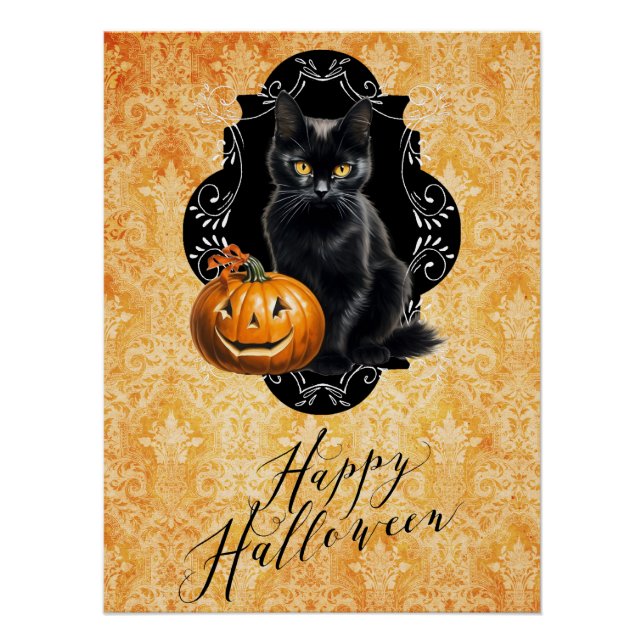 Poster Chat noir et Citrouille d'Halloween doux (Devant)