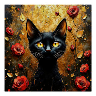 Poster Chat noir et roses