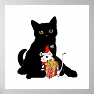 Poster Chat noir et souris blanche Noël