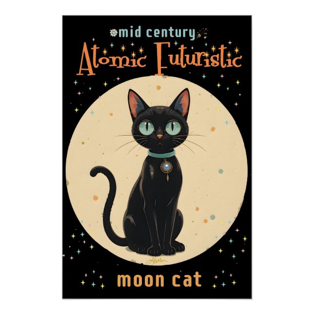 Poster Chat noir futuriste atomique avec lune et texte (Devant)