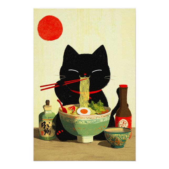 Poster Chat noir heureux mangeant du Ramen | Ukiyo-e japo (Devant)