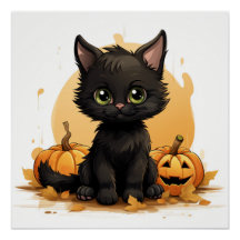 Chat noir mignon avec Citrouille