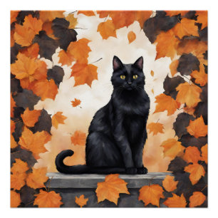 Poster Chat noir mignon et feuilles d'automne en chute