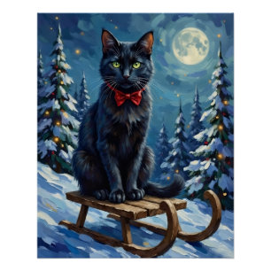 Poster Chat Noir Mystique Enchanté Luge d'Hiver Noël