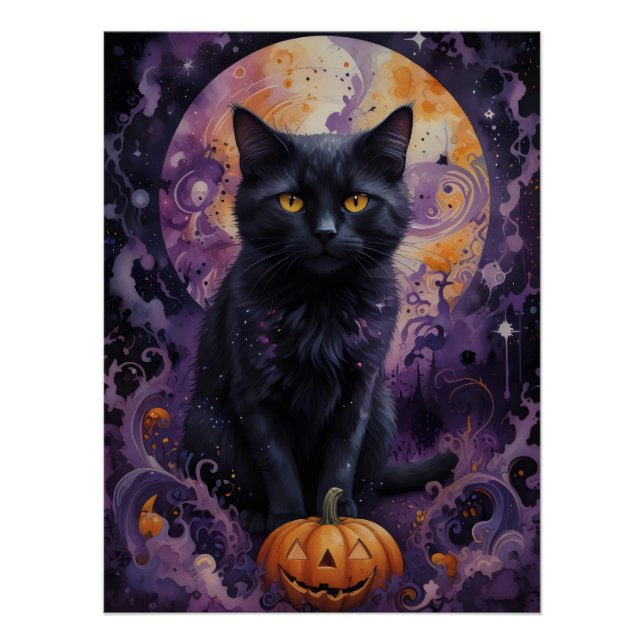 Poster Chat noir mystique Halloween Citrouille clair de l (Devant)