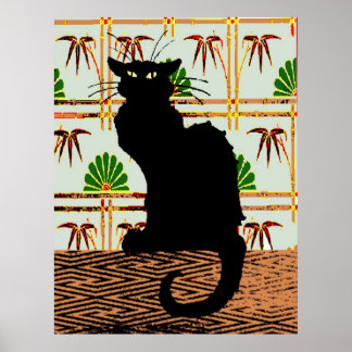 Poster Chat noir sur papier peint japonais,