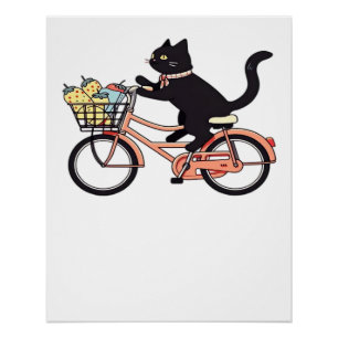Poster Chat Noir sur un Vélo Art de Chat Noir T-Shirt Cl