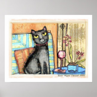 Poster Chat noir, Vin et Fleurs Beaux Art Imprimer
