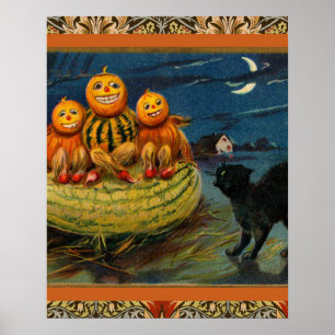 Poster Chat noir vintage Halloween Citrouille