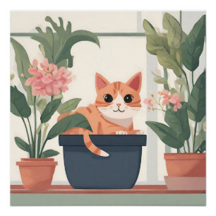 Poster Chat orange dans un pot à fleurs