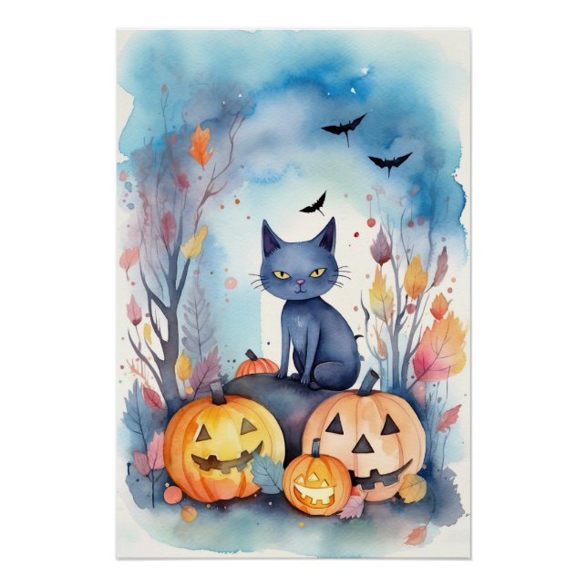Poster Chat Oriental Bleu Halloween avec des citrouilles  (Devant)