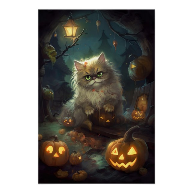 Poster Chat Persan Halloween avec des citrouilles effraya (Devant)