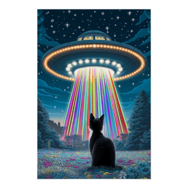 Poster Chat psychédélique et ovnis | Art amusant de l'enl (Devant)