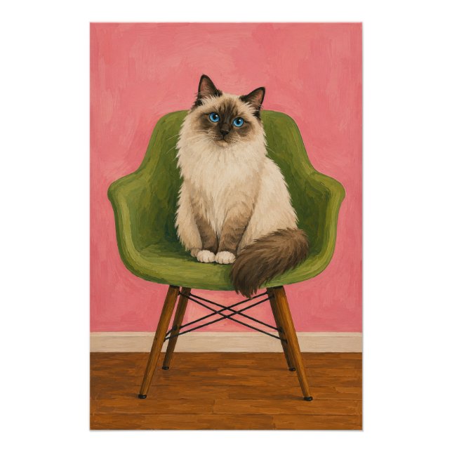 Poster Chat Ragdoll sur Chaise Verte Milieu du Siècle (Devant)