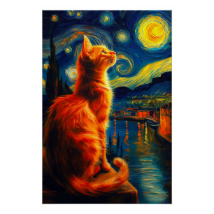 Poster Chat roux contemplatif Ciel nocturne étoilé