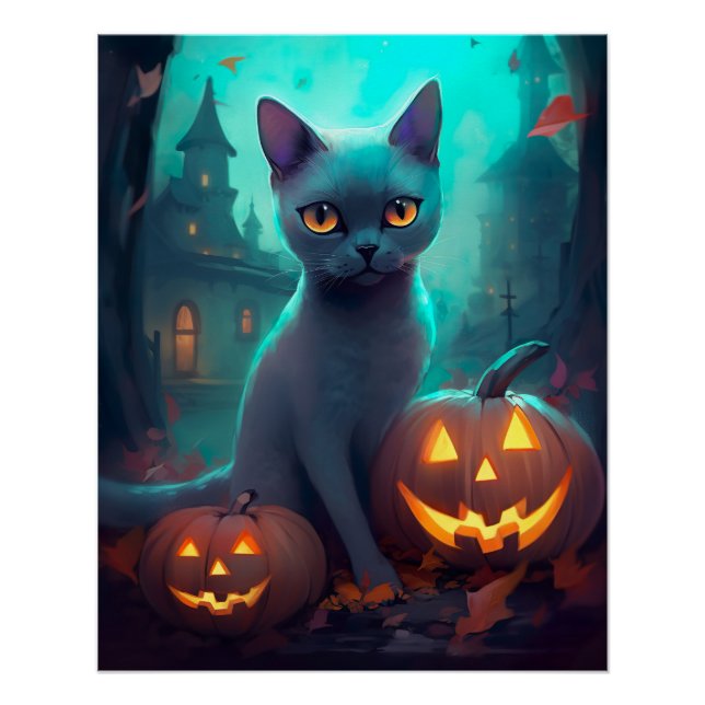 Poster Chat Russe Bleu d'Halloween avec des citrouilles e (Devant)