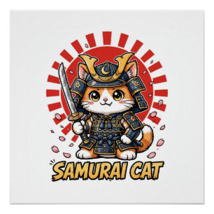 Poster Chat Samouraï Anime Guerrier Japonais Cerise