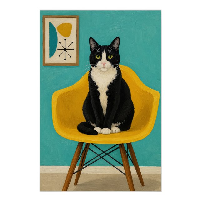 Poster Chat Smoking Sur Chaise Jaune Milieu Du Siècle (Devant)