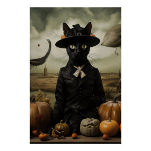 Poster Chat sorcière avec citrouilles 