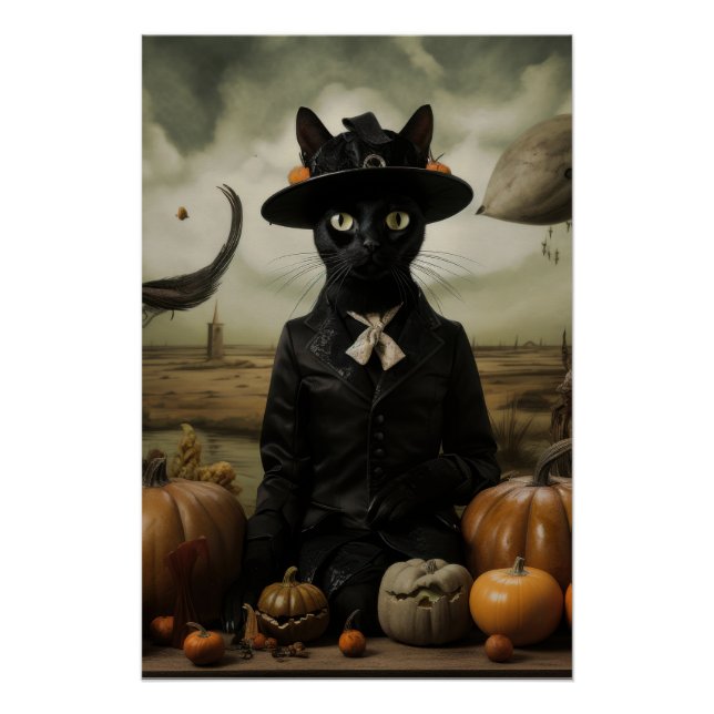 Poster Chat sorcière avec citrouilles  (Devant)